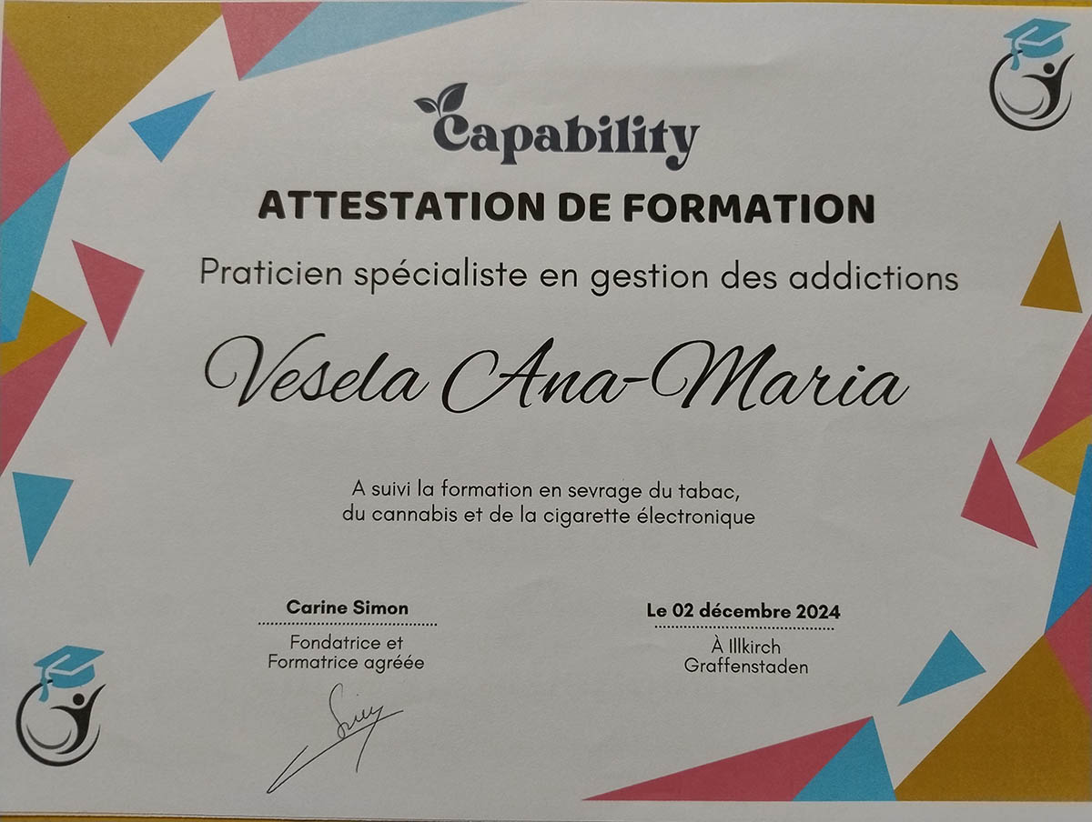Diplôme de formation de Vesela Ana-Maria — praticienne en gestion des addictions